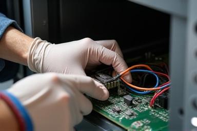 माइक्रोवेव ओवन की मरम्मत कर रहा तकनीशियन