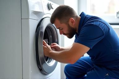 वॉशिंग मशीन की जांच करता तकनीशियन